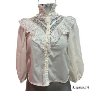 Vintage Gunne Sax Ruffle Bib Collar Blouse Jessica McClintock White Victorian S